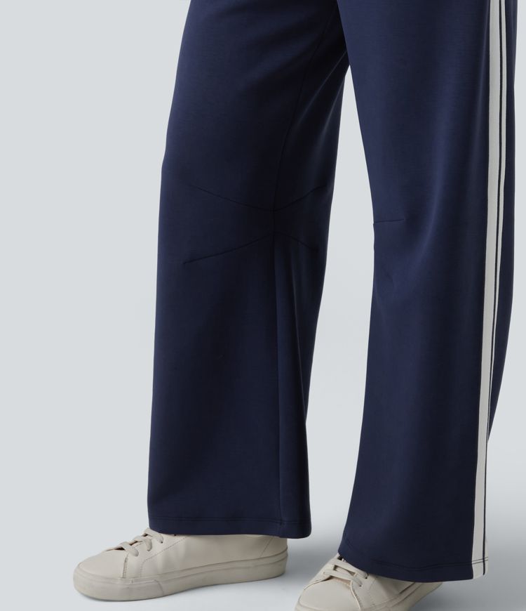 SpacerTek™ V Shaped Low Rise Drawstring Wide Leg Stripe Casual Trousers with Pockets