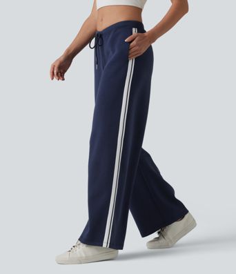 SpacerTek™ V Shaped Low Rise Drawstring Wide Leg Stripe Casual Pants with Pockets