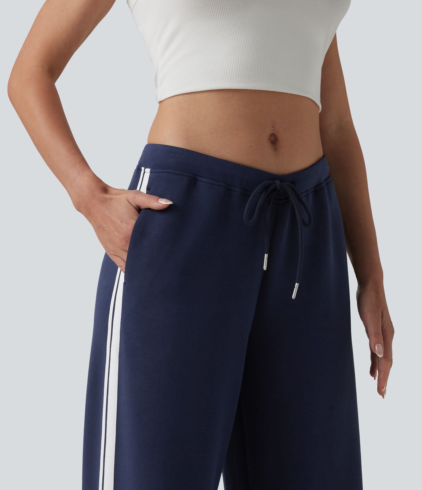 SpacerTek™ V Shaped Low Rise Drawstring Wide Leg Stripe Casual Trousers with Pockets