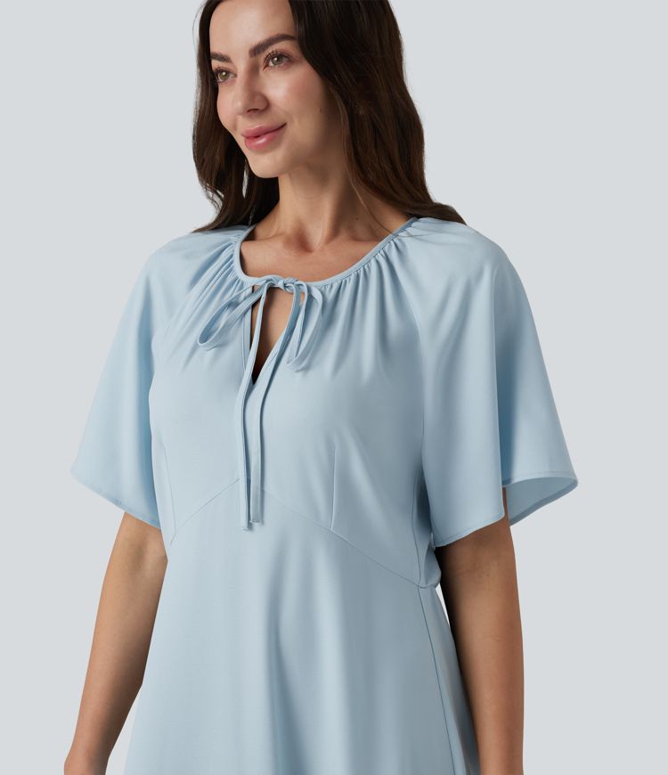 Robe midi fluide infroissable col V manches courtes à volants et empiècements superposés