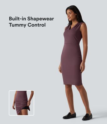 V-hals, ærmeløs midi-kjole til arbejde med indbygget shapewear til mavekontrol