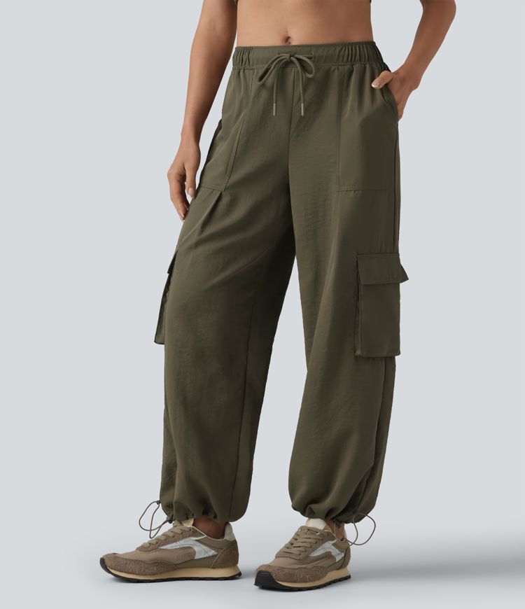 Joggers cargo casual de tiro medio con cordón, pernera tipo barril y bolsillos