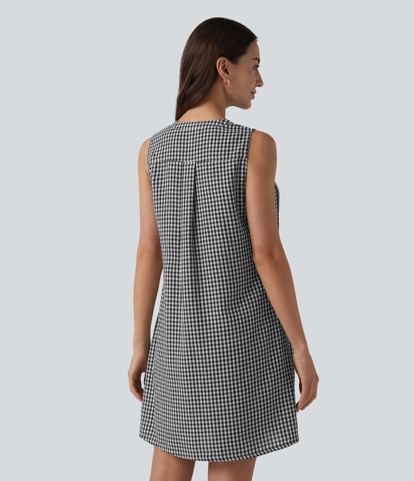 Round Neck Sleeveless Plaid Mini Casual Linen-Feel Dress with Pockets