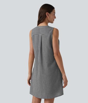 Round Neck Sleeveless Plaid Mini Casual Linen-Feel Dress with Pockets