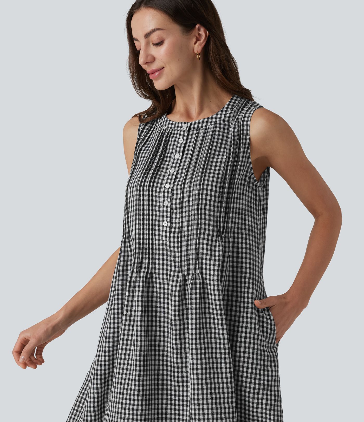 Round Neck Sleeveless Plaid Mini Casual Linen-Feel Dress with Pockets