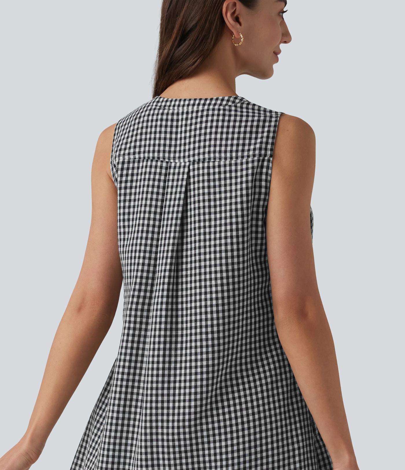 Round Neck Sleeveless Plaid Mini Casual Linen-Feel Dress with Pockets