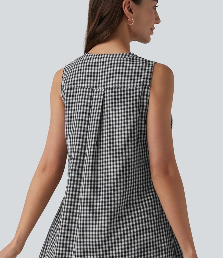 Round Neck Sleeveless Plaid Mini Casual Linen-Feel Dress with Pockets
