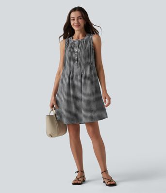 Round Neck Sleeveless Plaid Mini Casual Linen-Feel Dress with Pockets