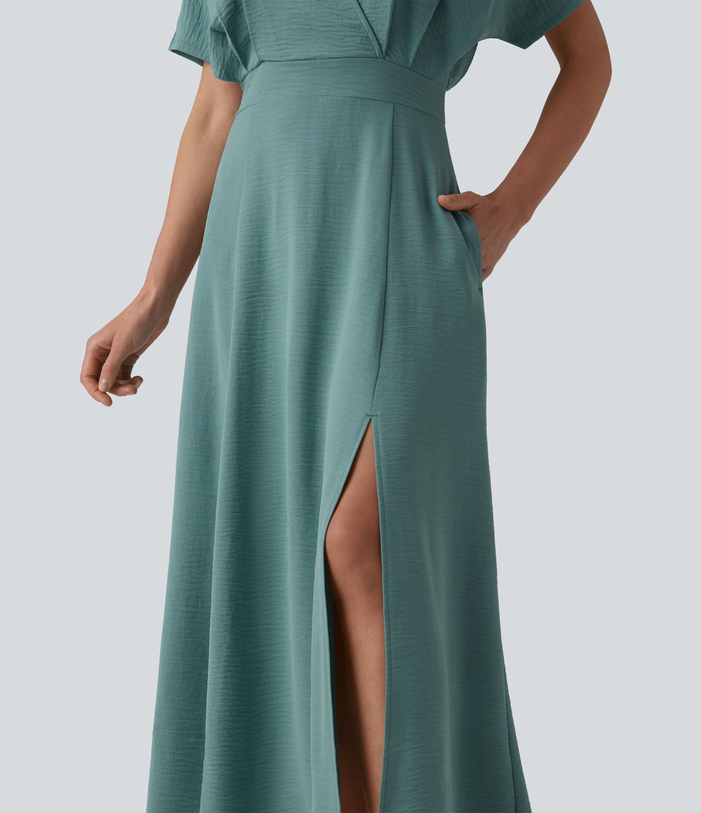 Robe midi col V manches courtes aspect lin avec poches