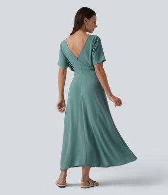 Robe midi col V manches courtes aspect lin avec poches