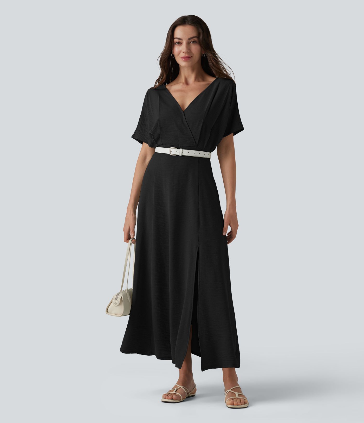 V Neck Short Sleeve Midi Casual Linen-Feel Dress with Pockets V Neck Short Sleeve Midi Casual Linen-Feel Dress with Pockets