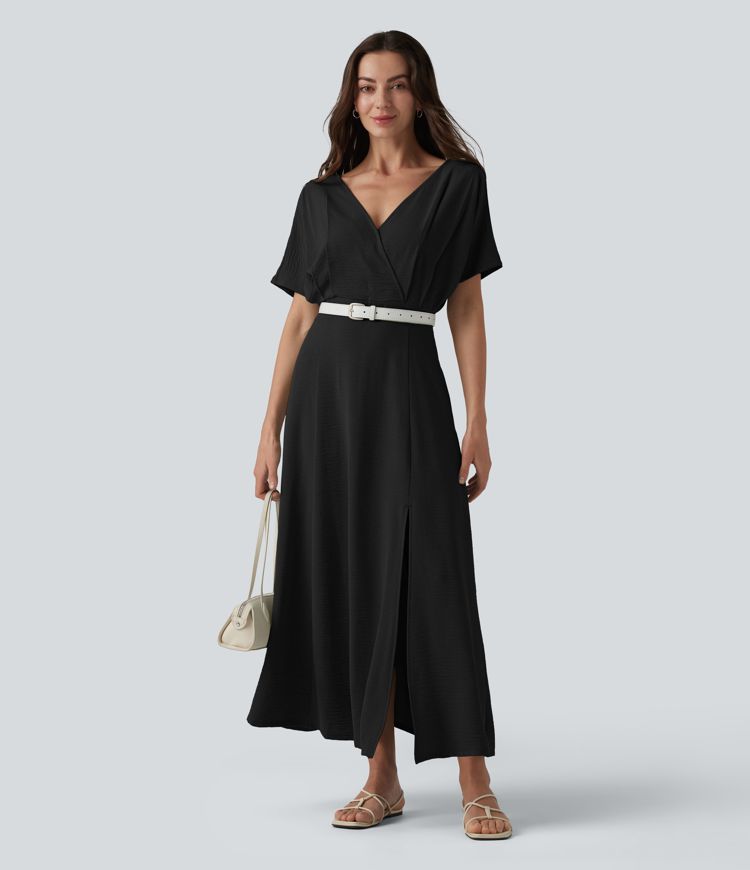 V Neck Short Sleeve Midi Casual Linen-Feel Dress with Pockets V Neck Short Sleeve Midi Casual Linen-Feel Dress with Pockets