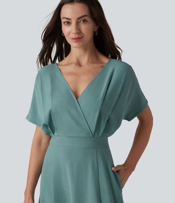 Robe midi col V manches courtes aspect lin avec poches