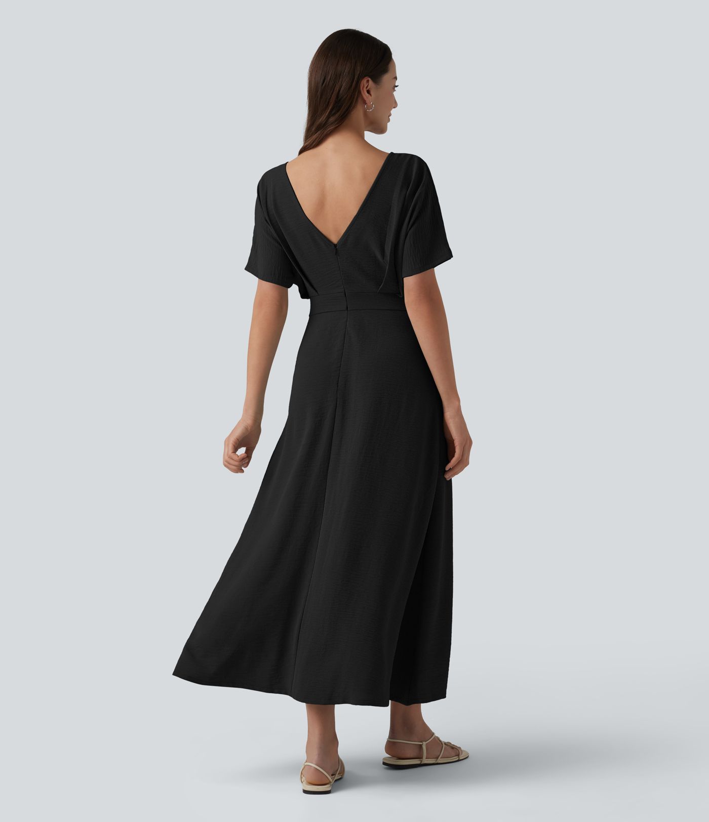 V Neck Short Sleeve Midi Casual Linen-Feel Dress with Pockets V Neck Short Sleeve Midi Casual Linen-Feel Dress with Pockets