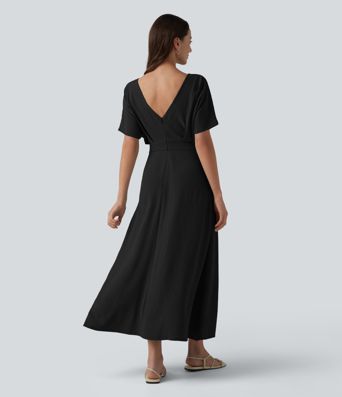 V Neck Short Sleeve Midi Casual Linen-Feel Dress with Pockets V Neck Short Sleeve Midi Casual Linen-Feel Dress with Pockets