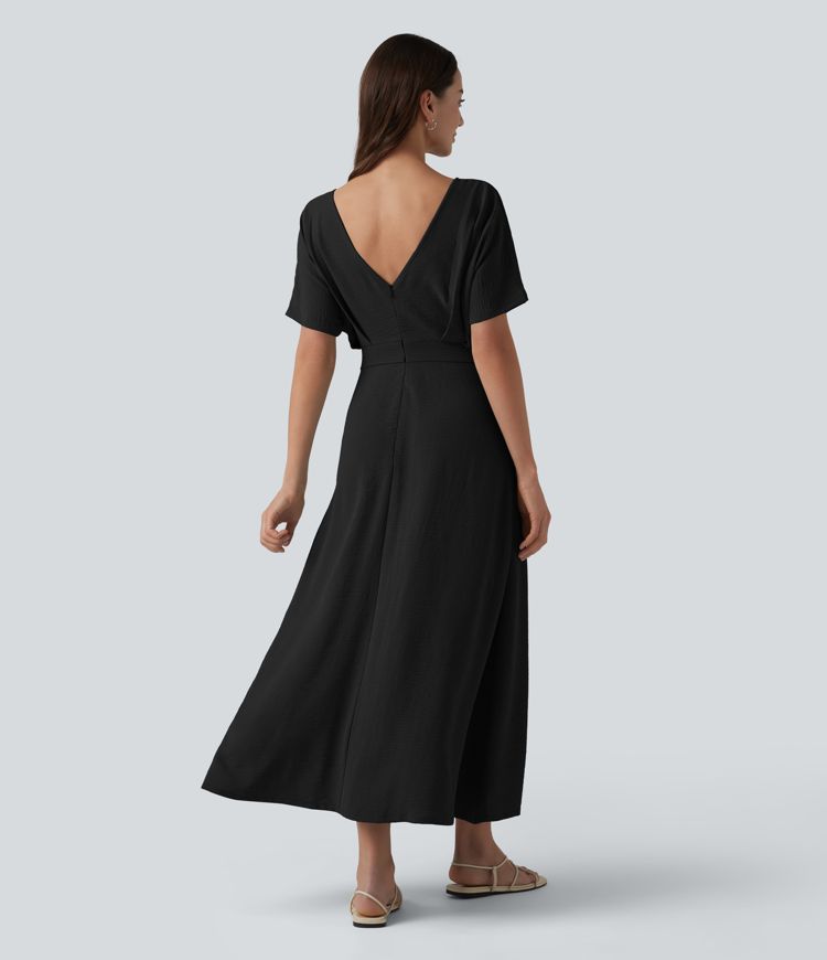 V Neck Short Sleeve Midi Casual Linen-Feel Dress with Pockets V Neck Short Sleeve Midi Casual Linen-Feel Dress with Pockets