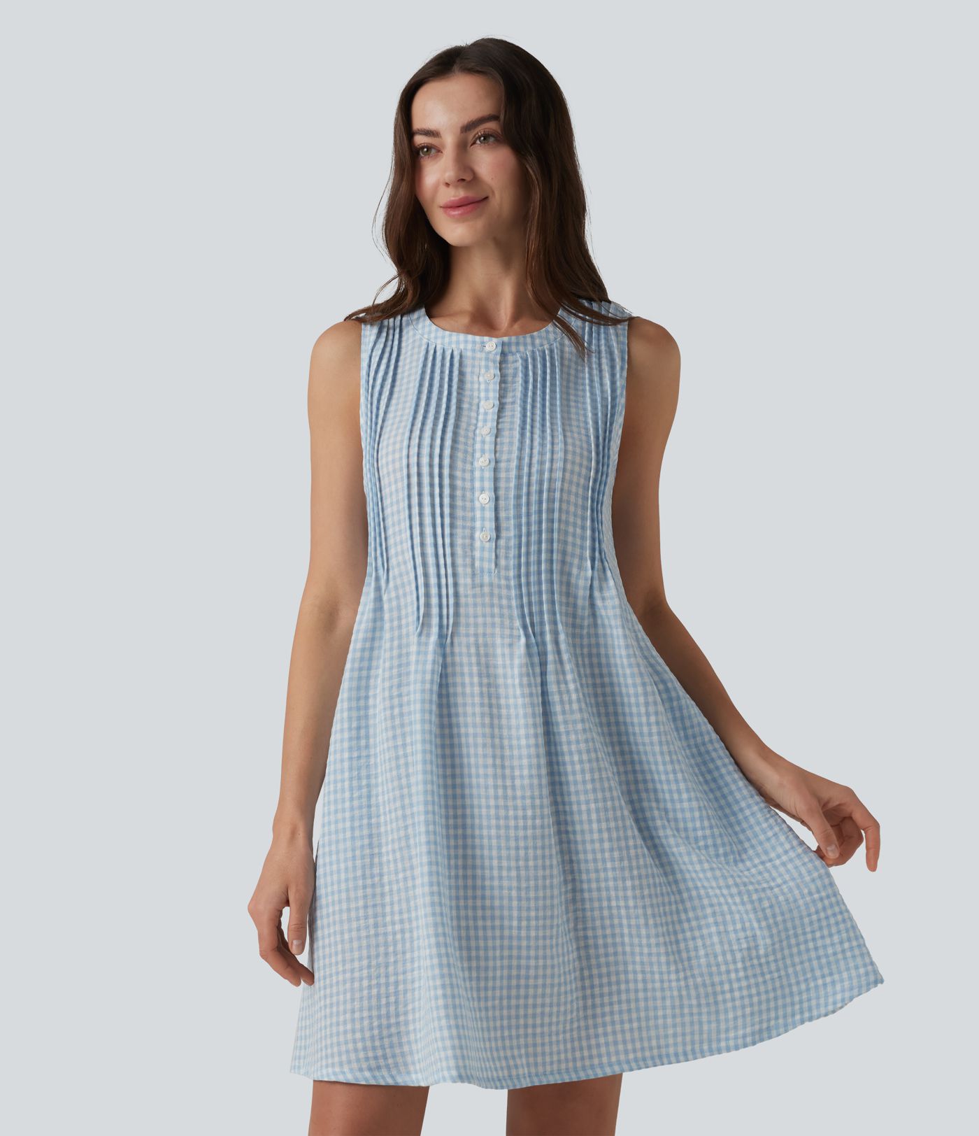 Robe mini à carreaux, col rond, sans manches, décontractée, effet lin, avec poches