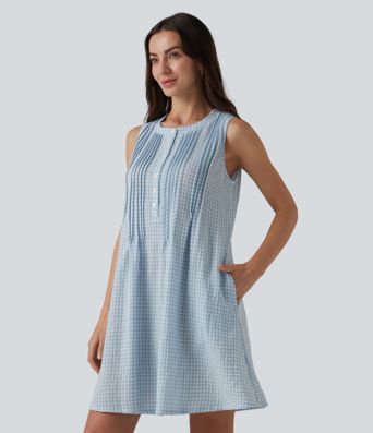 Robe mini à carreaux, col rond, sans manches, décontractée, effet lin, avec poches