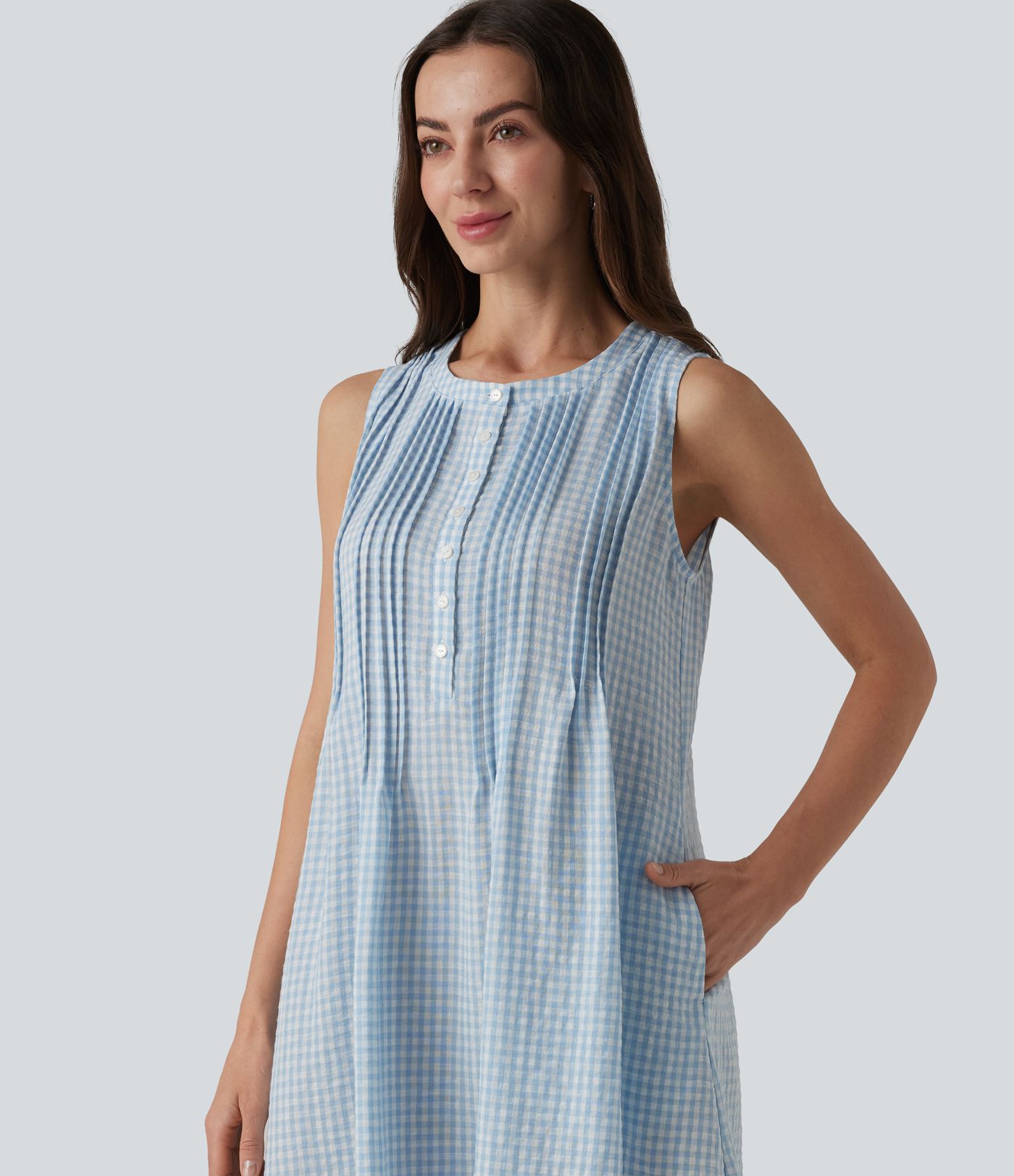 Robe mini à carreaux, col rond, sans manches, décontractée, effet lin, avec poches