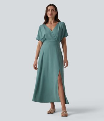 Robe midi col V manches courtes aspect lin avec poches