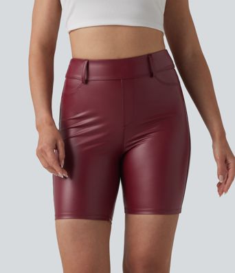 Lässige Biker-Shorts aus elastischem Kunstleder mit hohem Bund und Gesäßtaschen - 17,8 cm