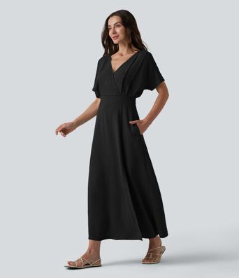 V Neck Short Sleeve Midi Casual Linen-Feel Dress with Pockets V Neck Short Sleeve Midi Casual Linen-Feel Dress with Pockets