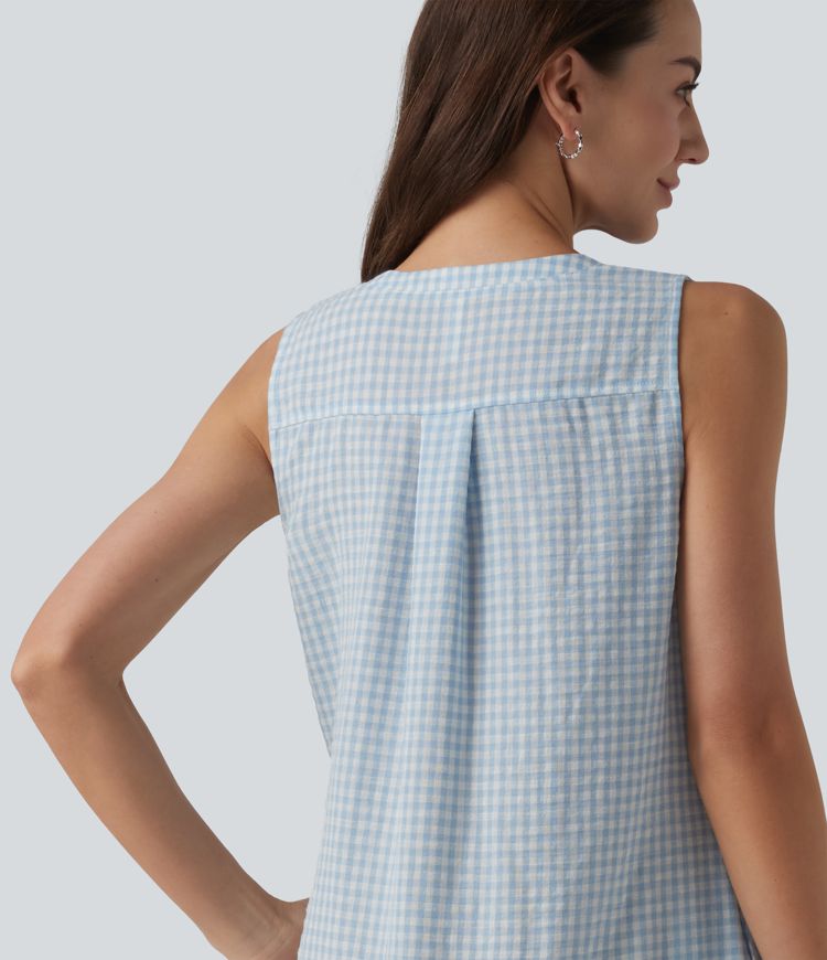 Robe mini à carreaux, col rond, sans manches, décontractée, effet lin, avec poches