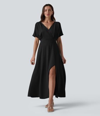 V Neck Short Sleeve Midi Casual Linen-Feel Dress with Pockets V Neck Short Sleeve Midi Casual Linen-Feel Dress with Pockets