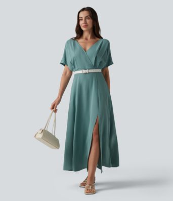 Robe midi col V manches courtes aspect lin avec poches