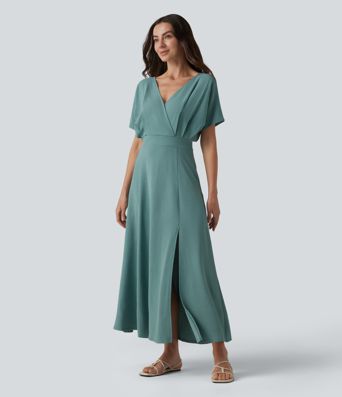 Robe midi col V manches courtes aspect lin avec poches