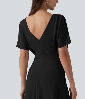 V Neck Short Sleeve Midi Casual Linen-Feel Dress with Pockets V Neck Short Sleeve Midi Casual Linen-Feel Dress with Pockets