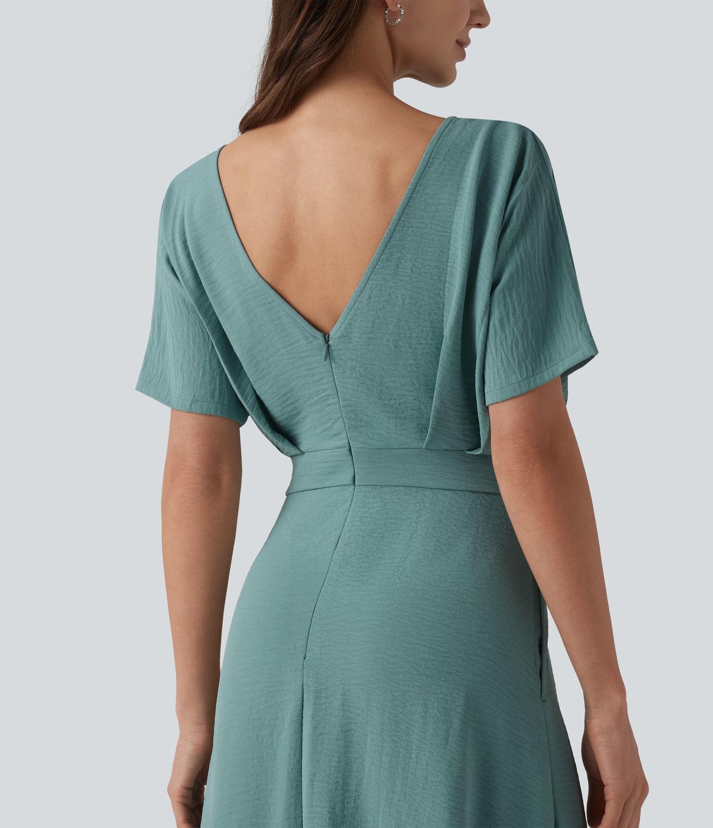 Robe midi col V manches courtes aspect lin avec poches