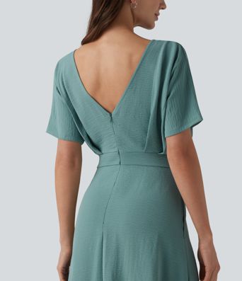 Robe midi col V manches courtes aspect lin avec poches