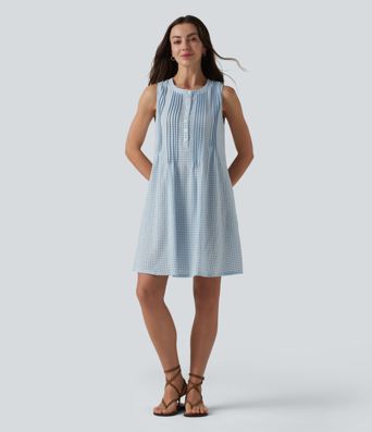 Robe mini à carreaux, col rond, sans manches, décontractée, effet lin, avec poches