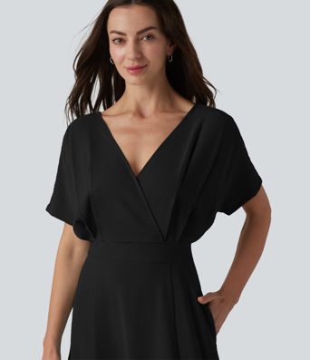 V Neck Short Sleeve Midi Casual Linen-Feel Dress with Pockets V Neck Short Sleeve Midi Casual Linen-Feel Dress with Pockets