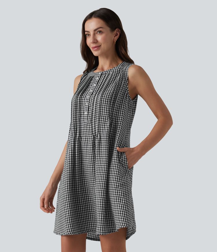 Round Neck Sleeveless Plaid Mini Casual Linen-Feel Dress with Pockets