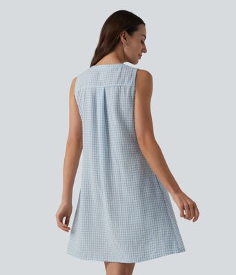 Robe mini à carreaux, col rond, sans manches, décontractée, effet lin, avec poches