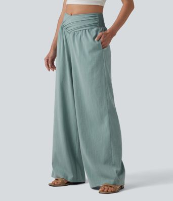 Crossover High-waisted Ruched Casual Linen-Feel Baggy Pants with Pockets Crossover High-waisted Ruched Casual Linen-Feel Baggy Pants with Pockets