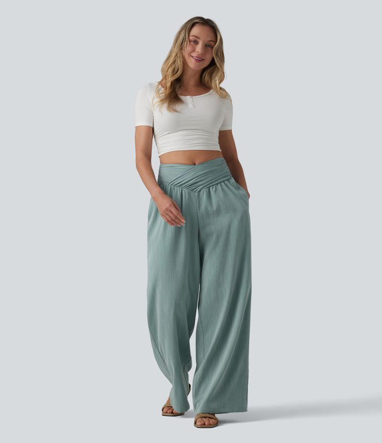 Crossover High-waisted Ruched Casual Linen-Feel Baggy Pants with Pockets Crossover High-waisted Ruched Casual Linen-Feel Baggy Pants with Pockets