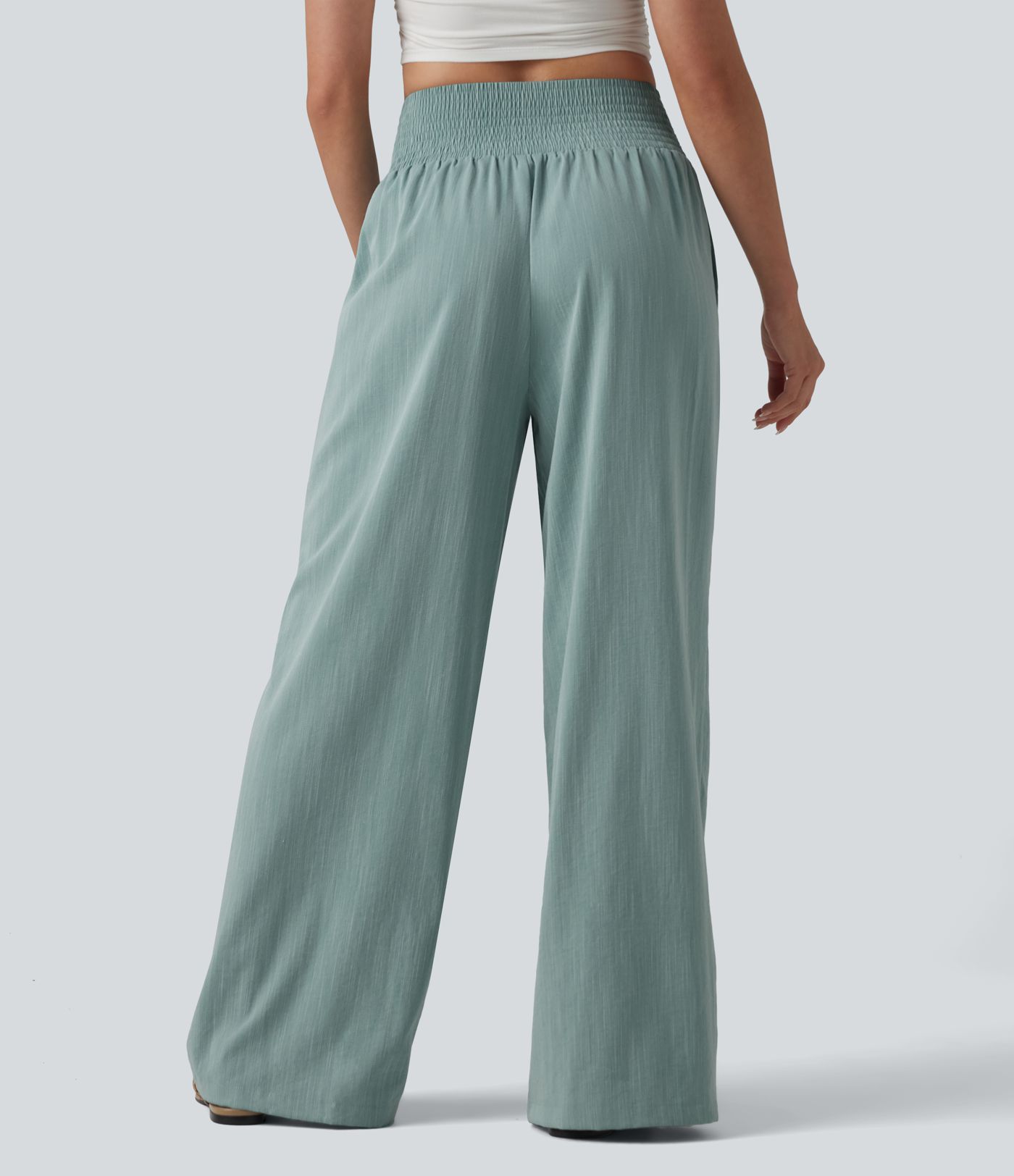 Crossover High-waisted Ruched Casual Linen-Feel Baggy Pants with Pockets Crossover High-waisted Ruched Casual Linen-Feel Baggy Pants with Pockets