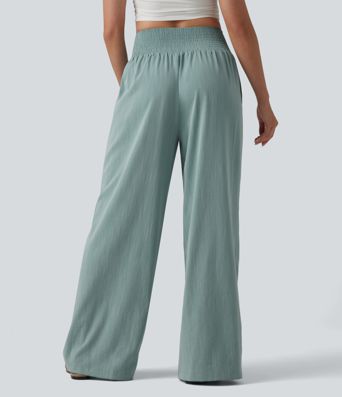 Crossover High-waisted Ruched Casual Linen-Feel Baggy Pants with Pockets Crossover High-waisted Ruched Casual Linen-Feel Baggy Pants with Pockets