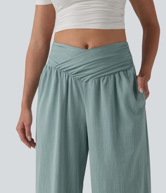 Crossover High-waisted Ruched Casual Linen-Feel Baggy Pants with Pockets Crossover High-waisted Ruched Casual Linen-Feel Baggy Pants with Pockets