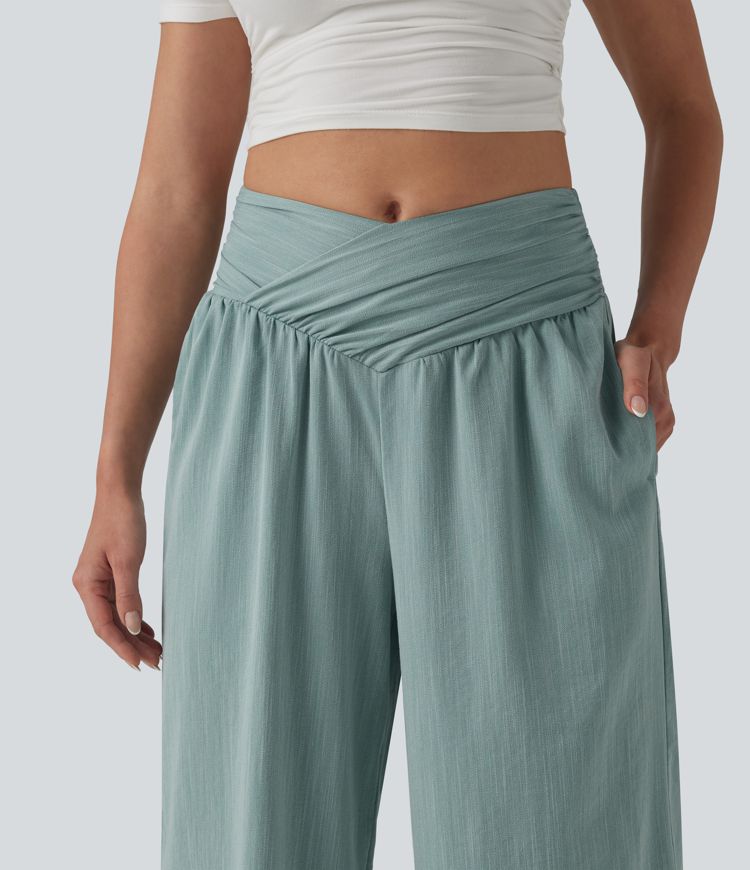 Crossover High-waisted Ruched Casual Linen-Feel Baggy Pants with Pockets Crossover High-waisted Ruched Casual Linen-Feel Baggy Pants with Pockets
