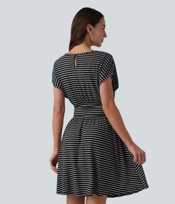 Round Neck Short Sleeve Built-in Bra Stripes Mini Casual Flowy Dress with Pockets
