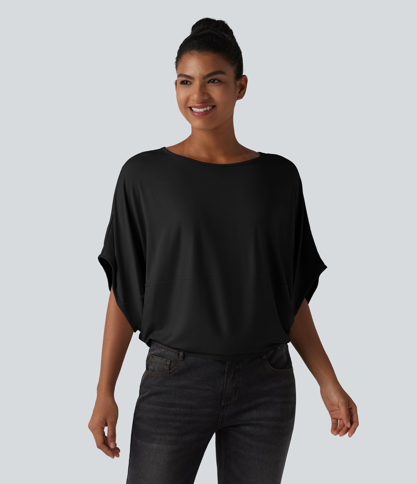Round Neck Batwing Sleeve Relaxed Casual Top