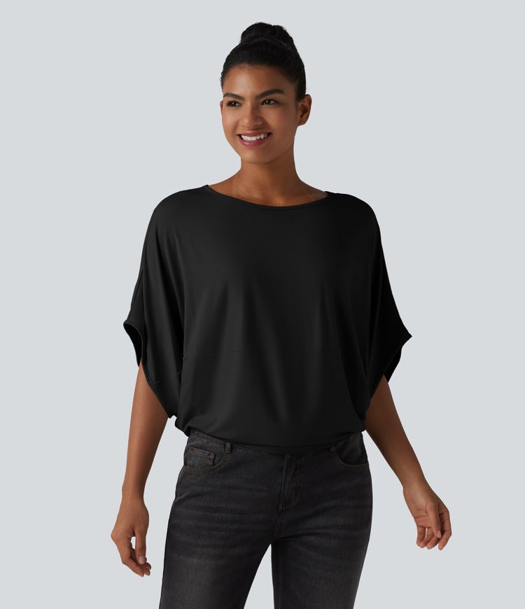 Round Neck Batwing Sleeve Relaxed Casual Top