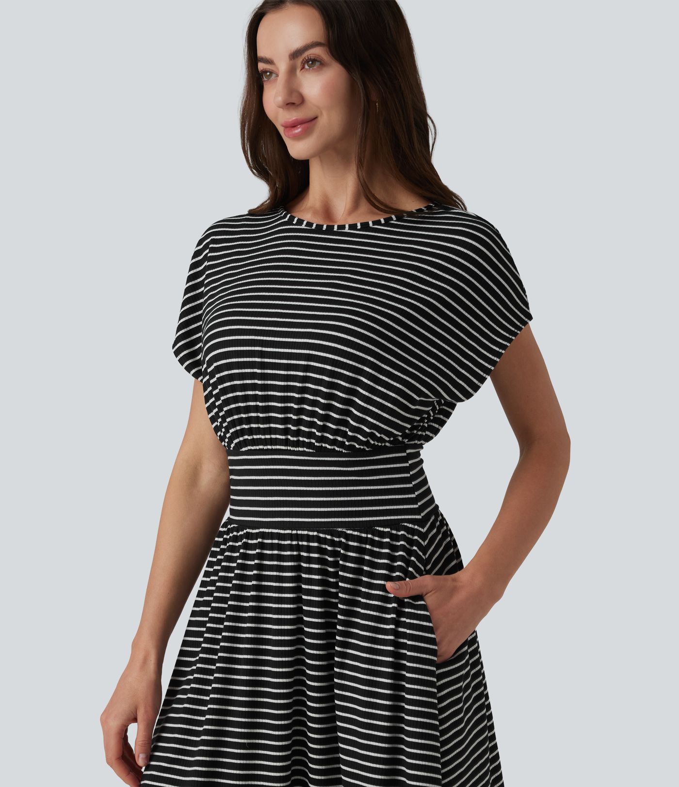 Round Neck Short Sleeve Built-in Bra Stripes Mini Casual Flowy Dress with Pockets