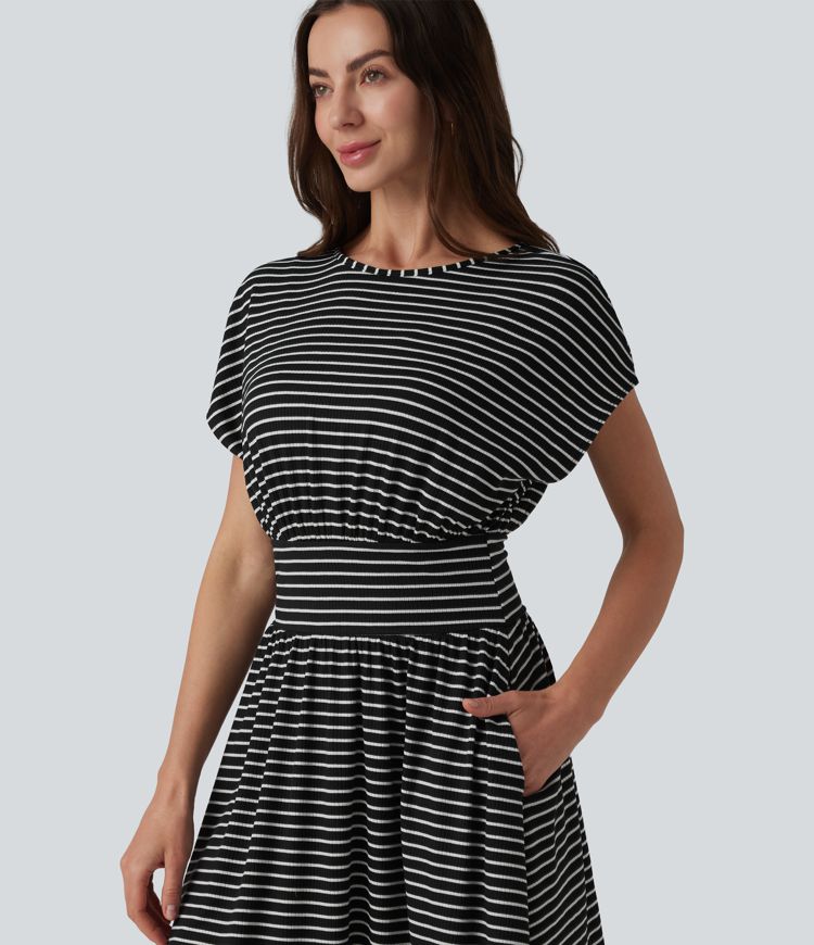 Round Neck Short Sleeve Built-in Bra Stripes Mini Casual Flowy Dress with Pockets