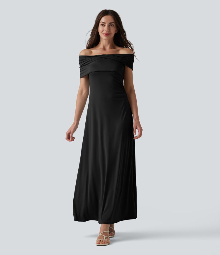Schulterfreies, gerafftes Maxikleid mit Bindeband am Rücken Schulterfreies, gerafftes Maxikleid mit Bindeband am Rücken