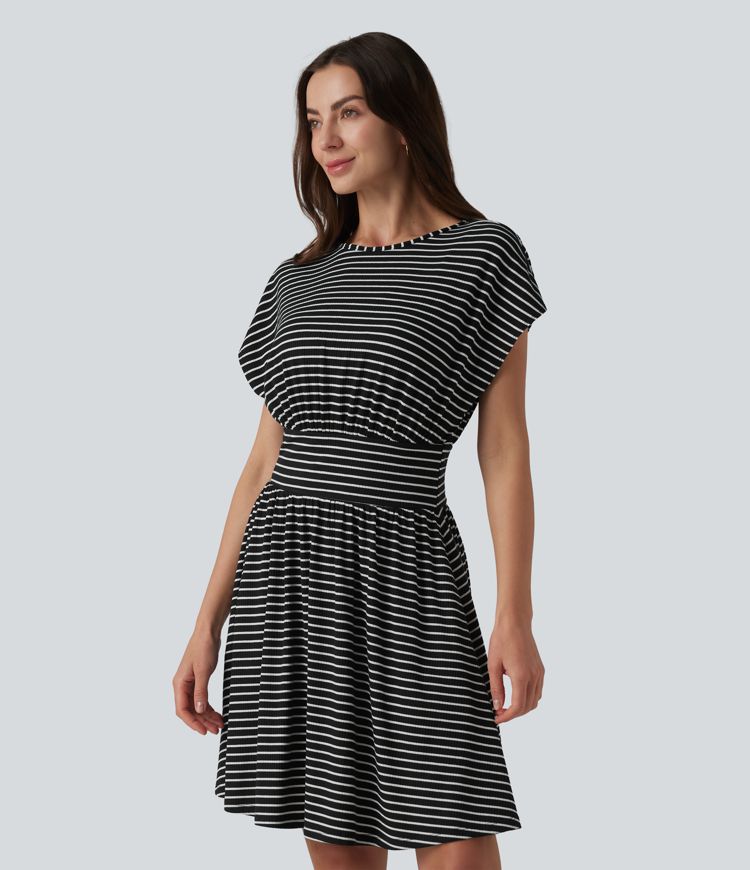 Round Neck Short Sleeve Built-in Bra Stripes Mini Casual Flowy Dress with Pockets